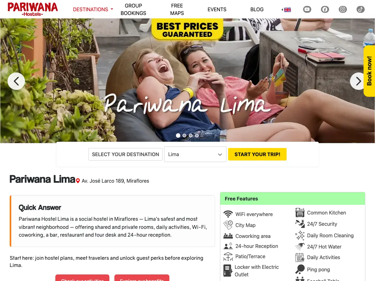 Pariwana Hostel Lima's website