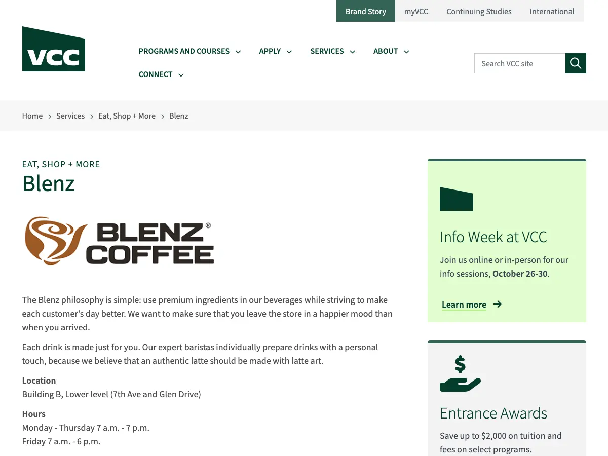 Blenz Coffee's website