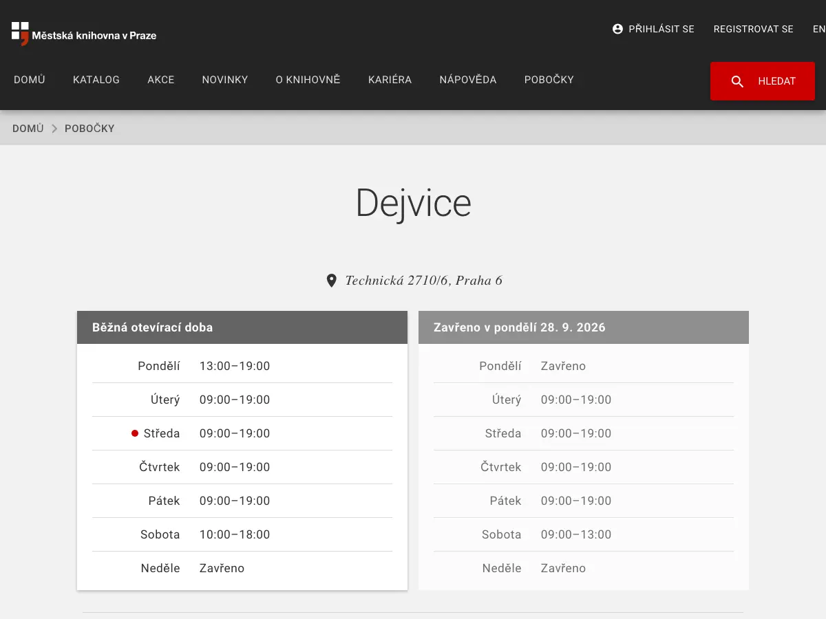 Dejvice Mestska knihovna's website