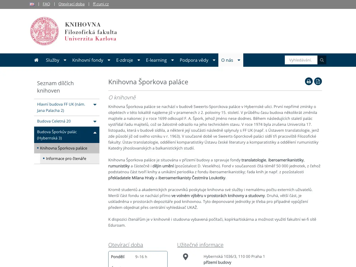 Knihovna Šporkova paláce's website