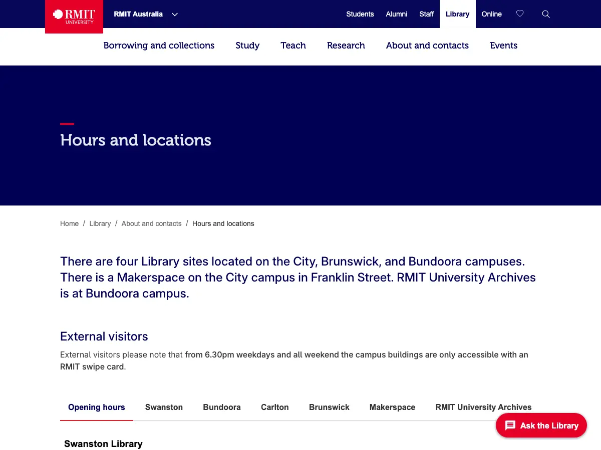 RMIT Swanston Library's website