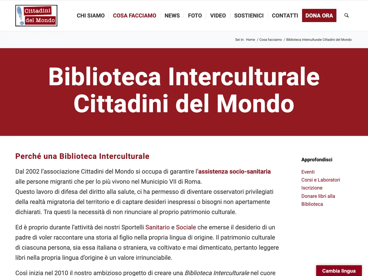 Biblioteca Cittadini del Mondo's website