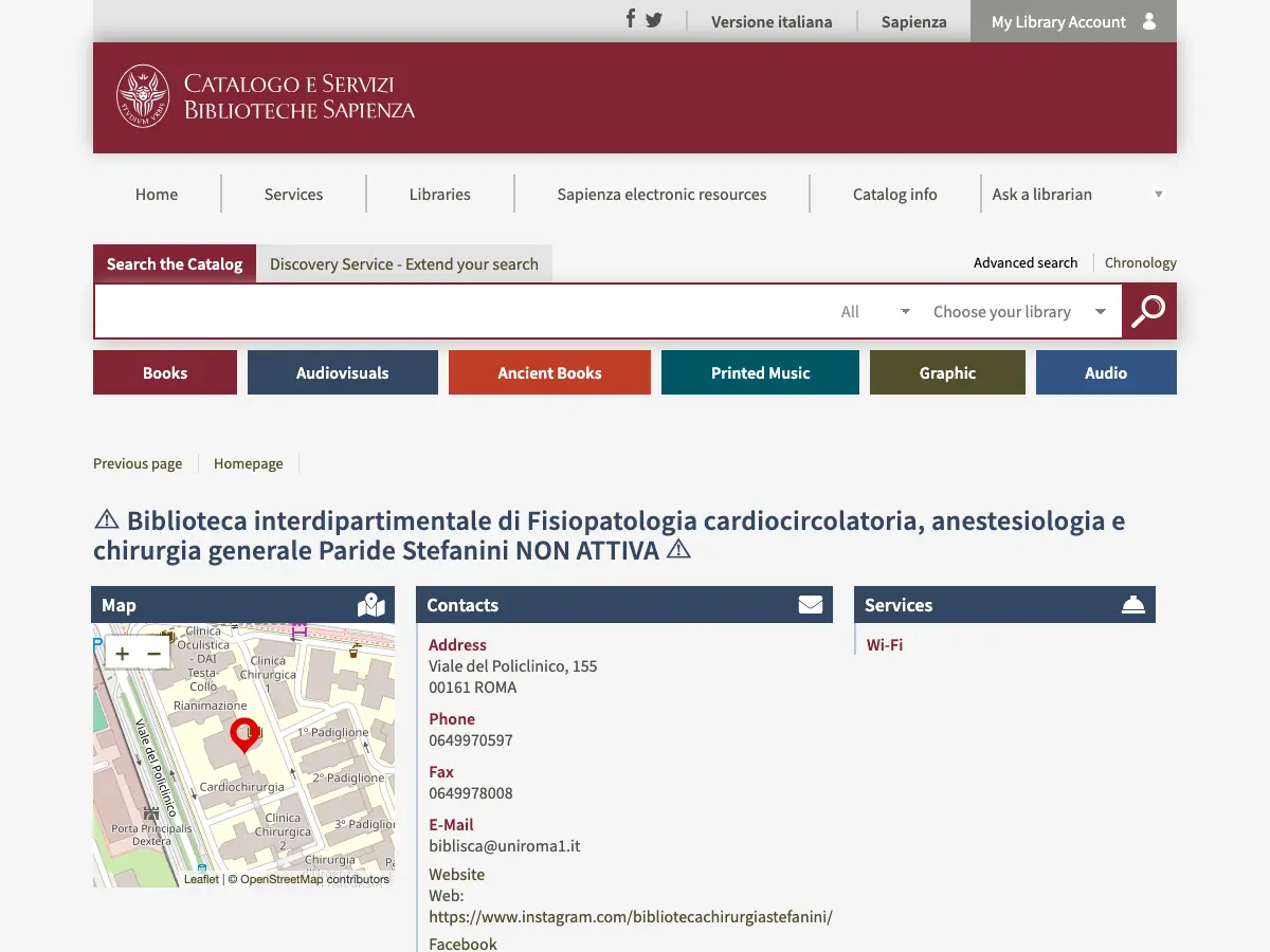 Biblioteca interdipartimentale di fisiopatologia cardiocircolatoria, anestesiologia e chirurgia generale Paride Stefanini - Sapienza Università di Roma's website
