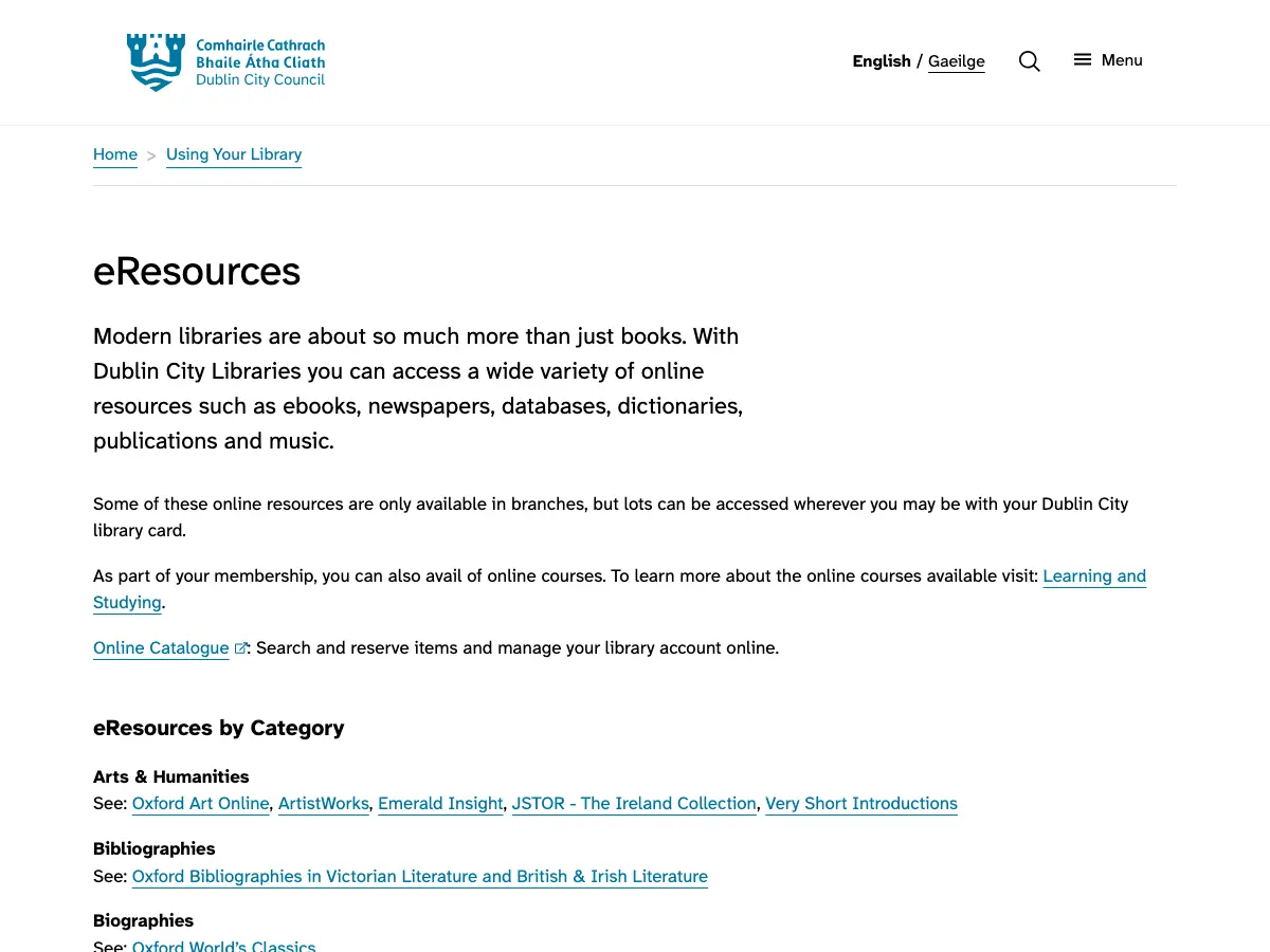 Pearse Street Library's website