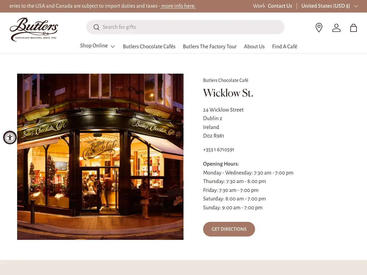 Butlers Chocolate Café's website