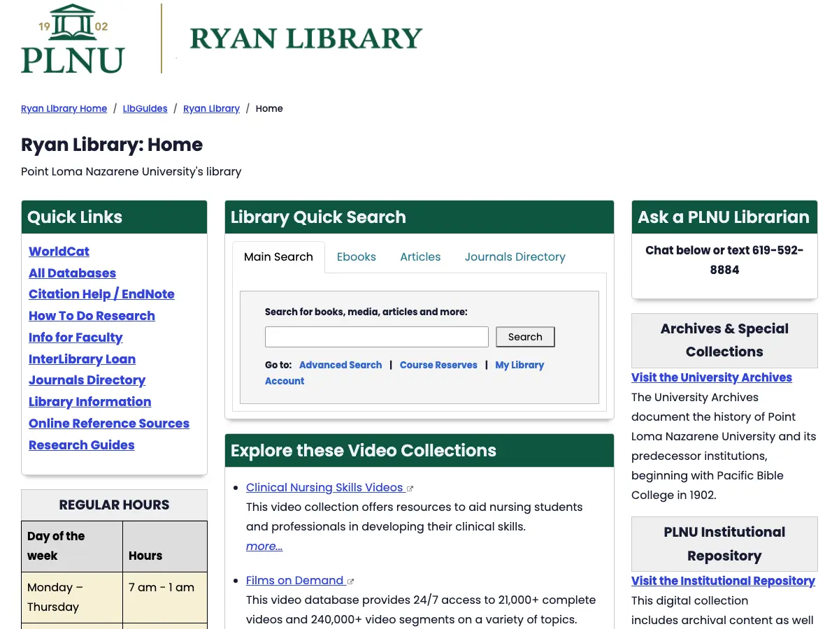 Ryan Library's website