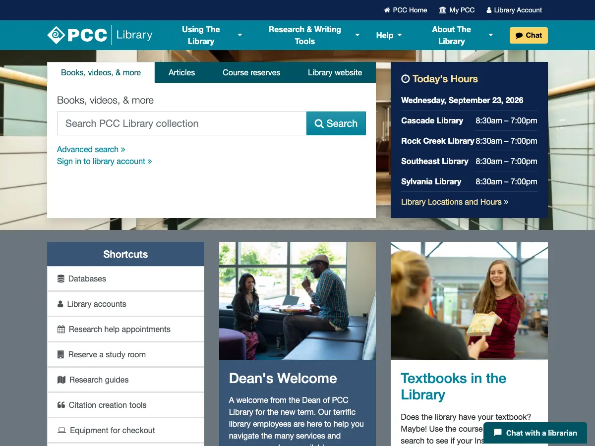 Portland CC Library's website