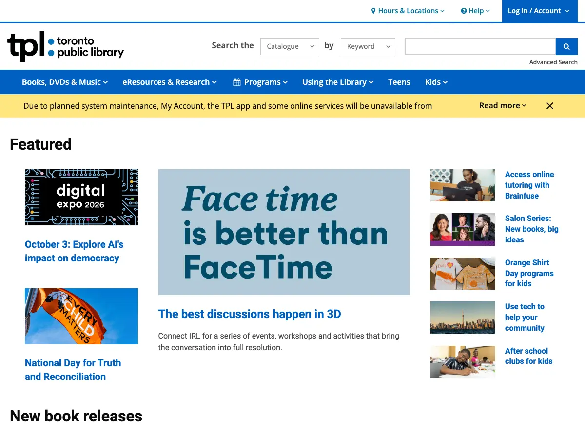 Toronto Public Library's website