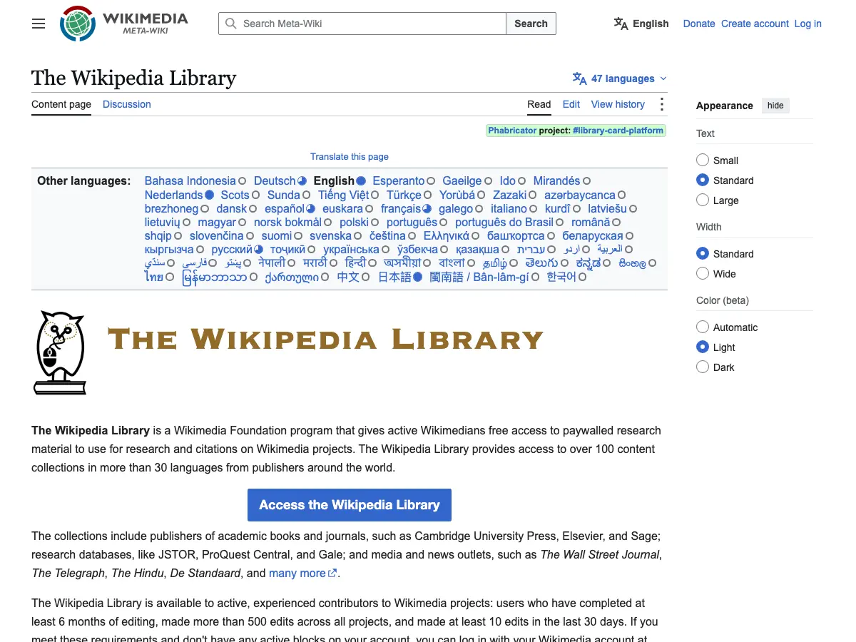 The Wikipedia Library's website