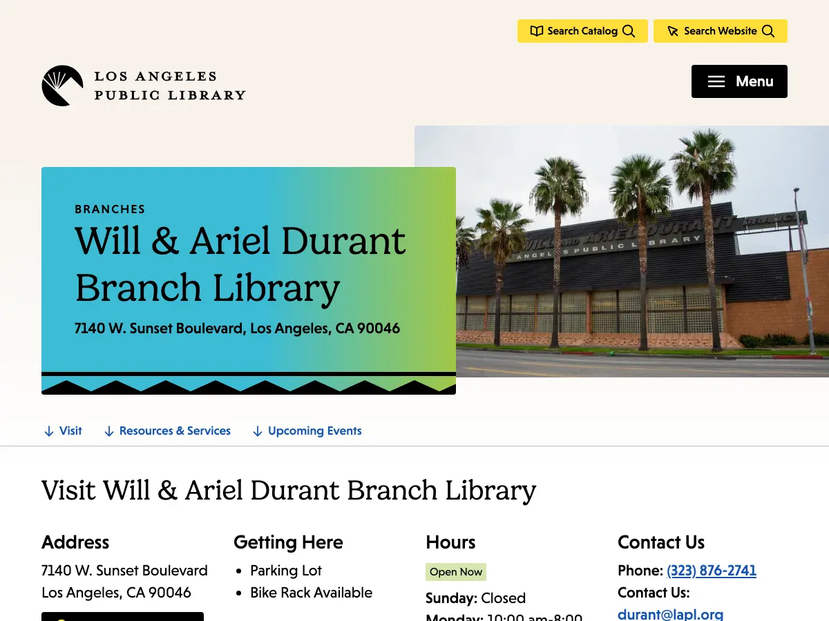 Will & Ariel Durant Branch Library's website