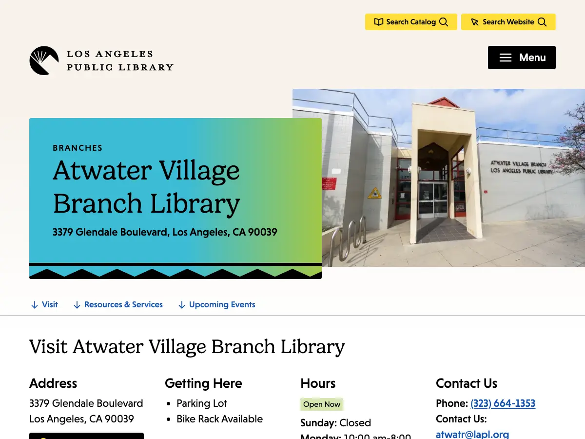 Atwater Village Branch Library's website