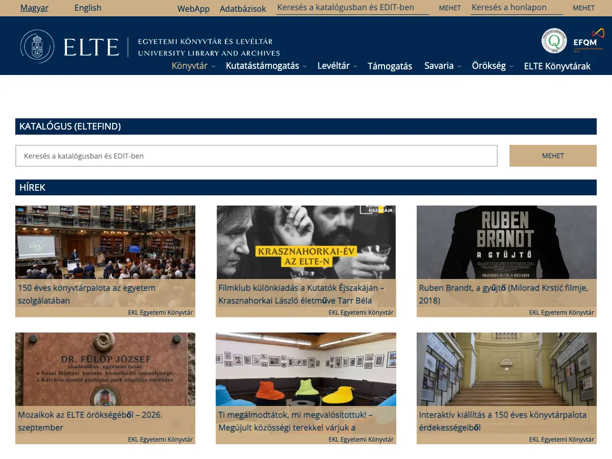 ELTE Egyetemi Könyvtár's website
