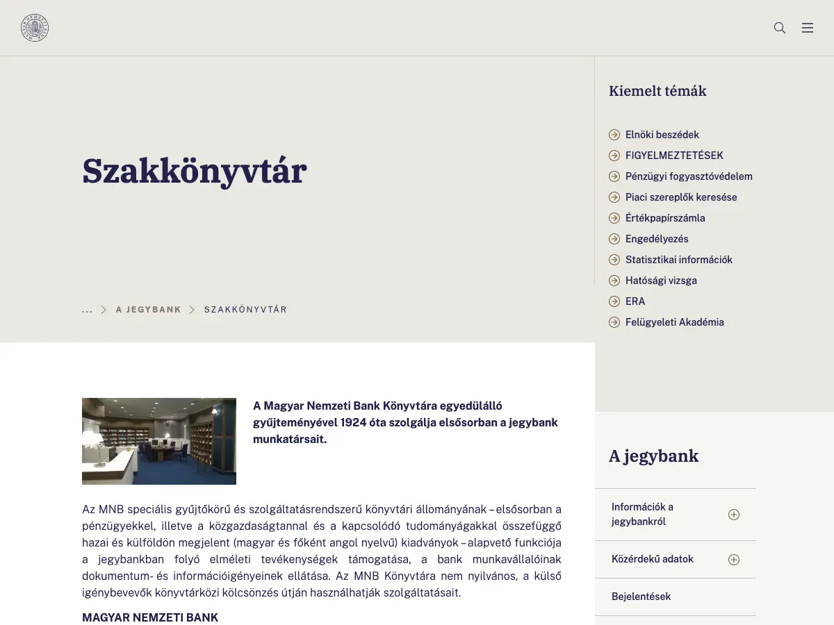 Magyar Nemzeti Bank Könyvtára's website