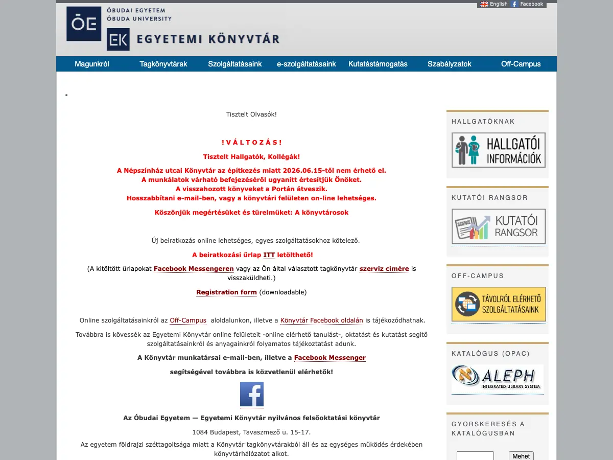 Óbudai Egyetem Doberdó Úti Könyvtár's website