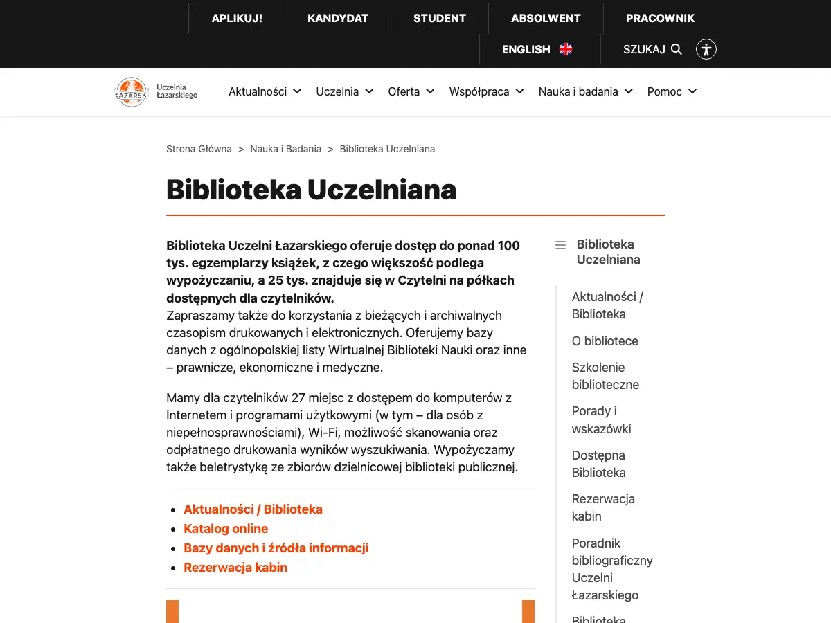Biblioteka Uczelni Łazarskiego's website
