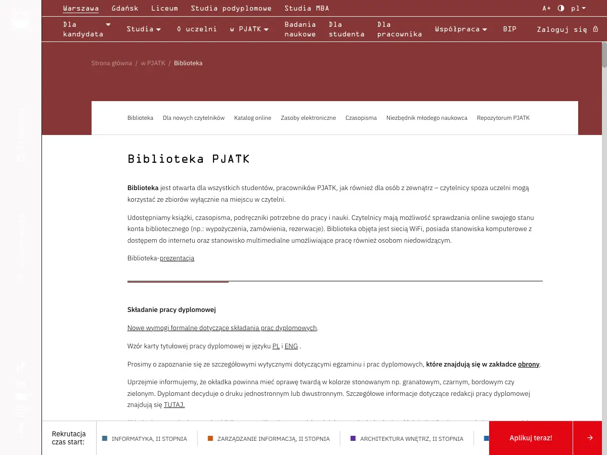 Biblioteka PJATK's website