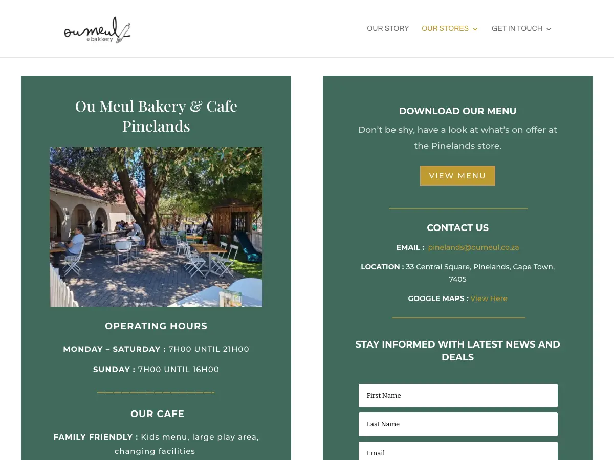 Ou Meul Bakery and Cafe Pinelands's website